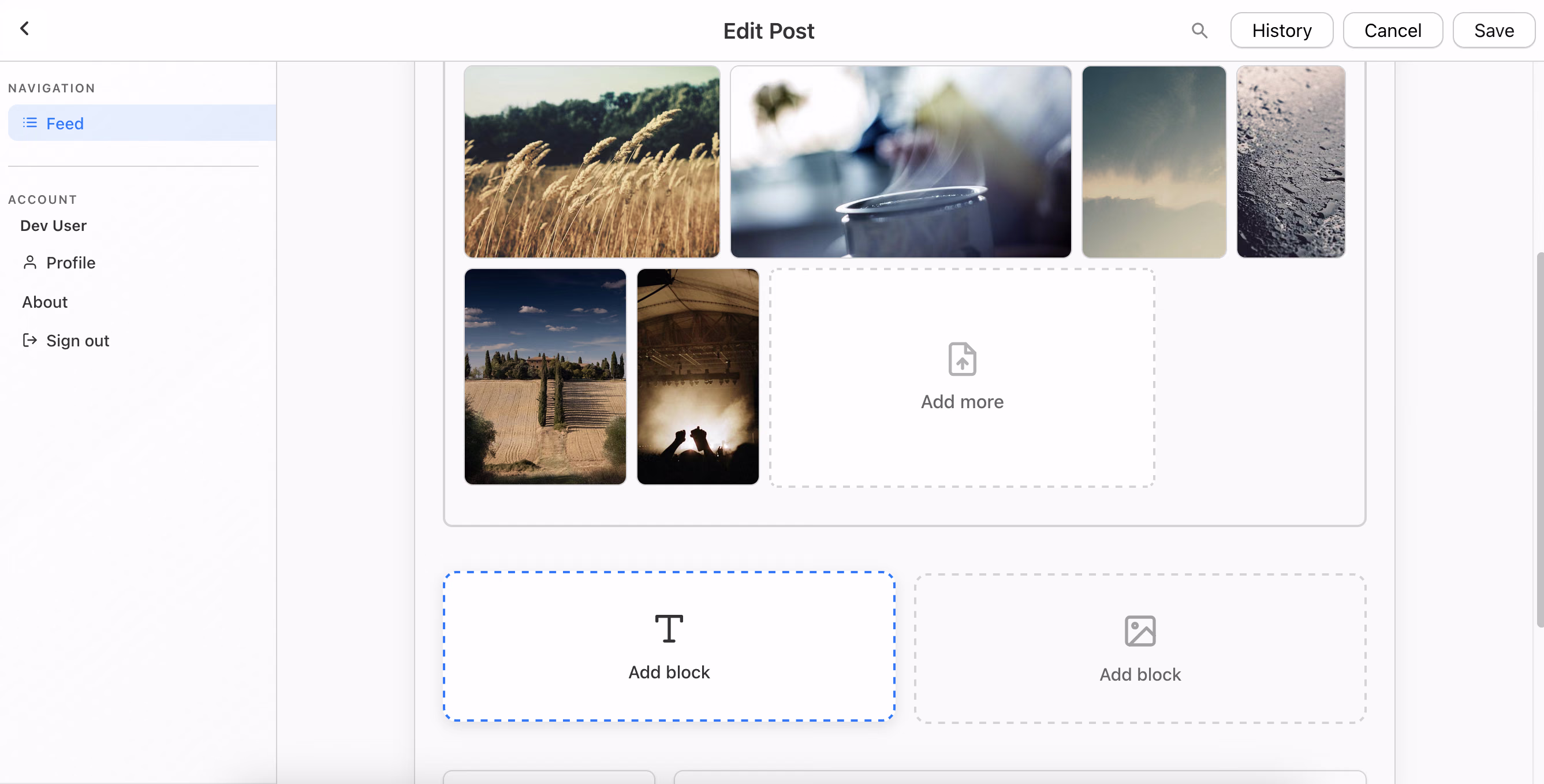 Desktop editor view for writing a post with text and media.